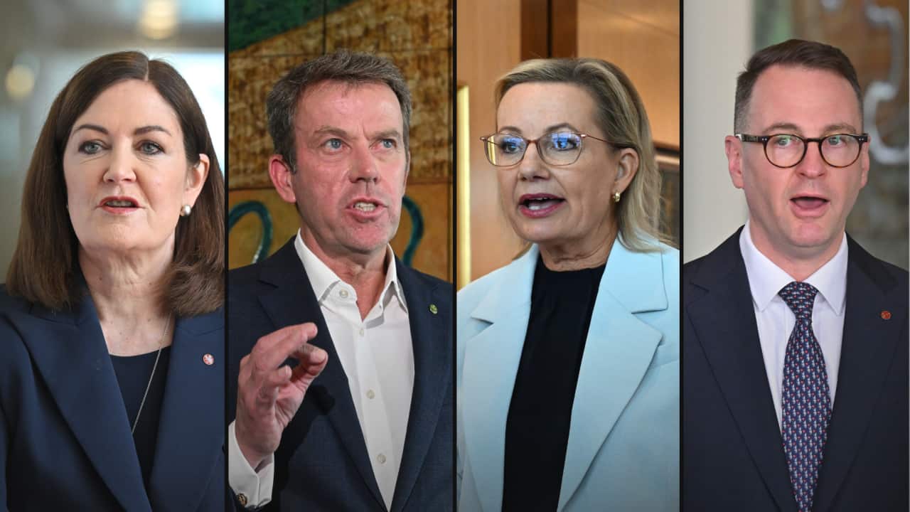 A split image of four politicians in suits, mid speech.