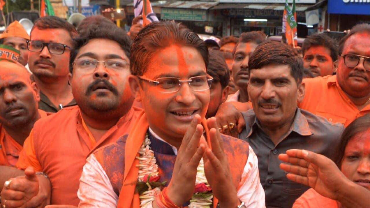 Bharatiya Janata Party (BJP) candidate Raju Bista during a victory rally as they celebrate the win in India's general election.