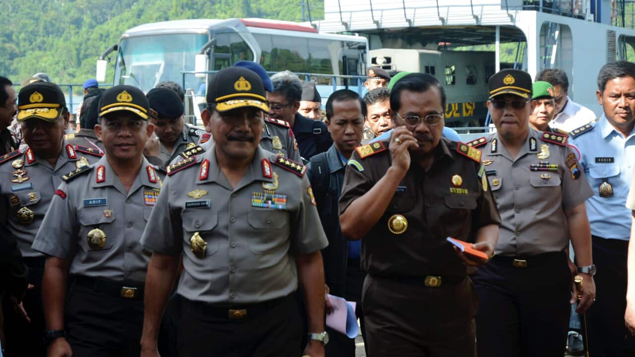Indonesian Attorney General, H.M. Prasetyoand Indonesian National Police Chief, General Badrodin Haiti during a visit to Nusakambangan Island