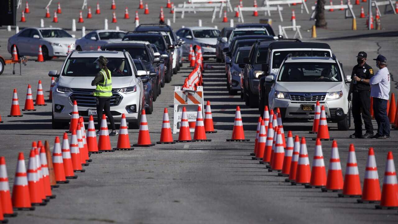 COVID-19 mass-vaccination of healthcare workers at Dodger Stadium, in Los Angeles