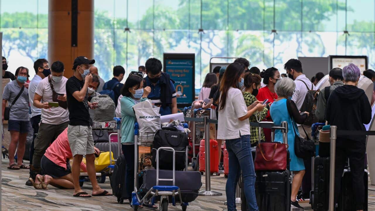 Passengers queuing to check-in for their flights.