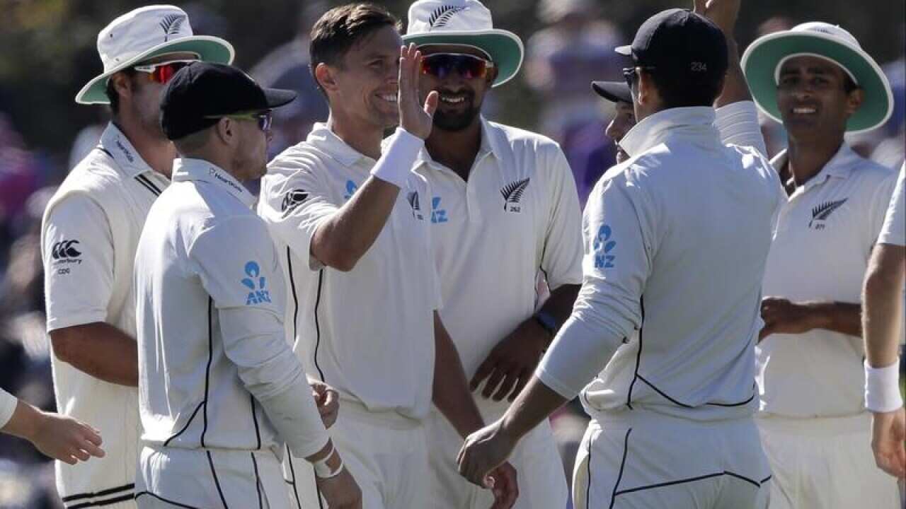 New Zealand celebrate the fall of an English wicket.