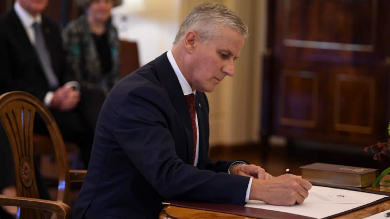 Newly-elected Nationals party leader Michael McCormack is sworn-in as Australia's Deputy Prime Minister during a ceremony at Government House in Canberra, Monday, February 26, 2018. (AAP Image/Lukas Coch) NO ARCHIVING