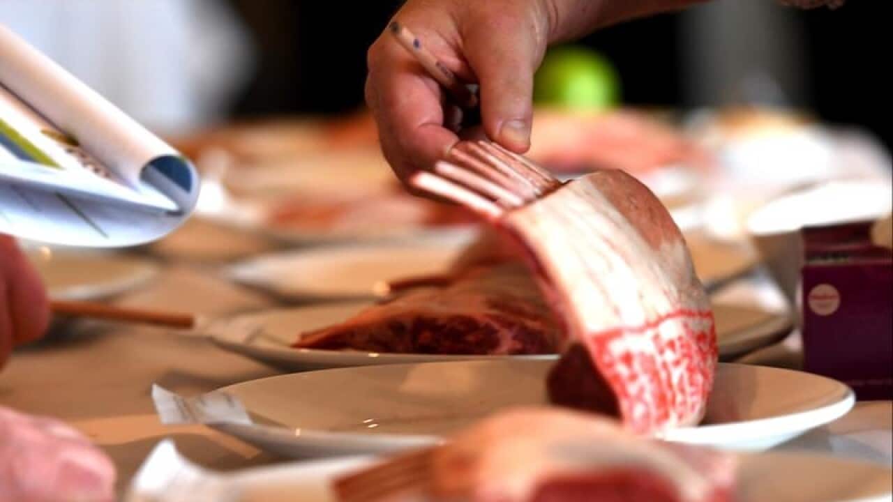 Plates of lamb are judged at the Australian Food Awards in Melbourne.