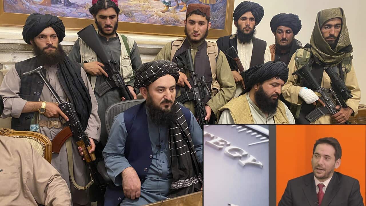 Taliban fighters take control of Afghan presidential palace after the Afghan President Ashraf Ghani fled the country, in Kabul, Afghanistan, Sunday, Aug. 15, 2021. (AP Photo/Zabi Karimi)