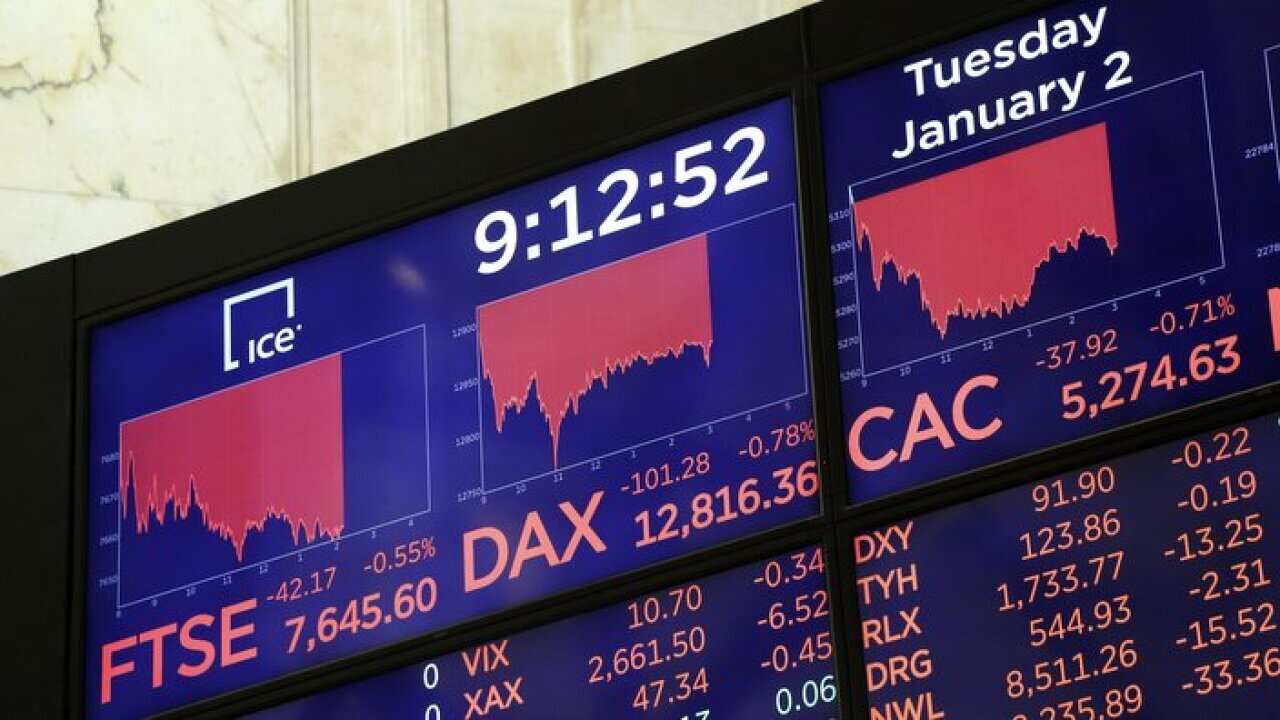 Electronic screens display readings for the FTSE, DAX and CAC at the New York Stock Exchange, Tuesday, Jan. 2, 2018, in New York. (AP Photo/Mark Lennihan)