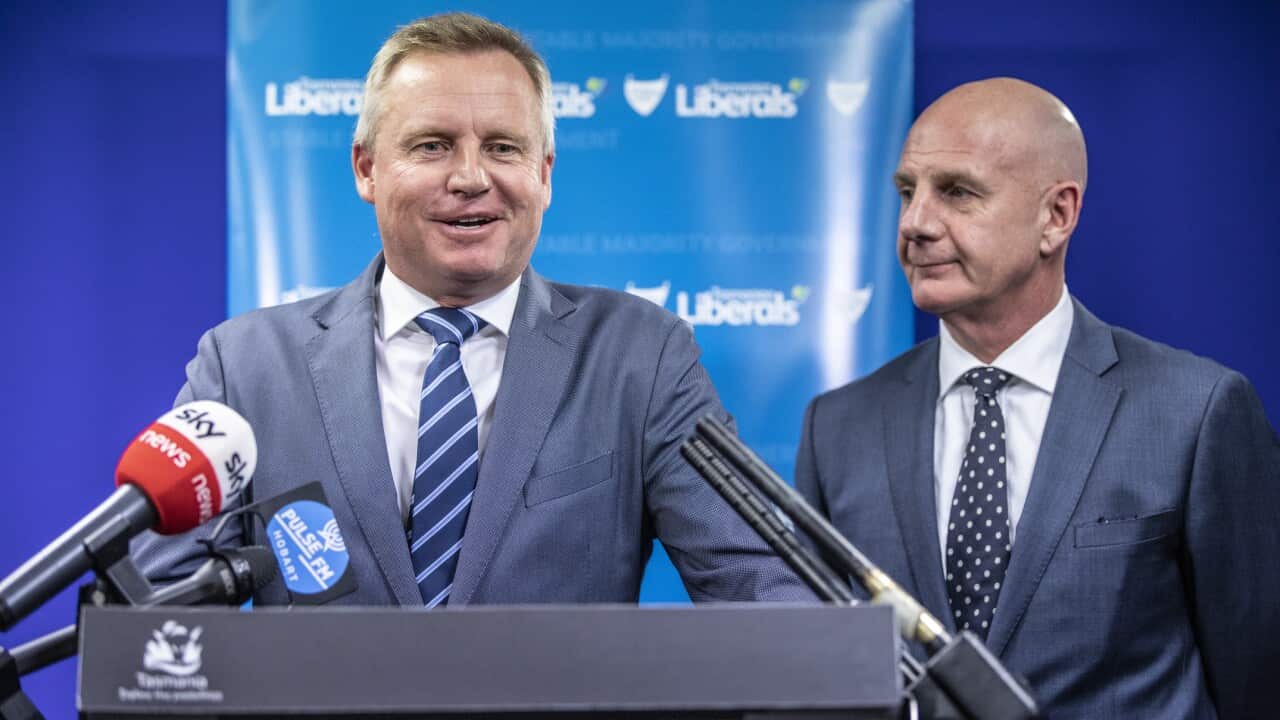 Tasmanian Deputy Premier Jeremy Rockliff(L) and Tasmanian Premier Peter Gutwein(R)