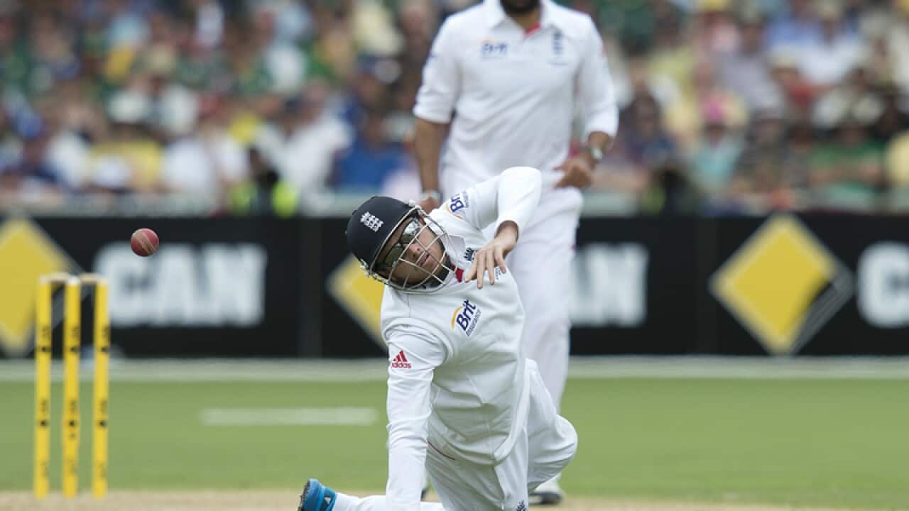 England's Ian Bell fails to stop a ball