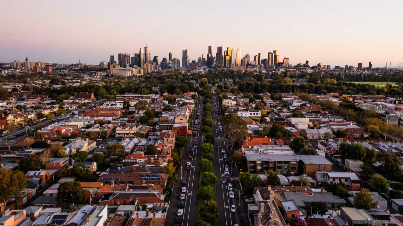 Aerial of suburban Melbourne and CBD