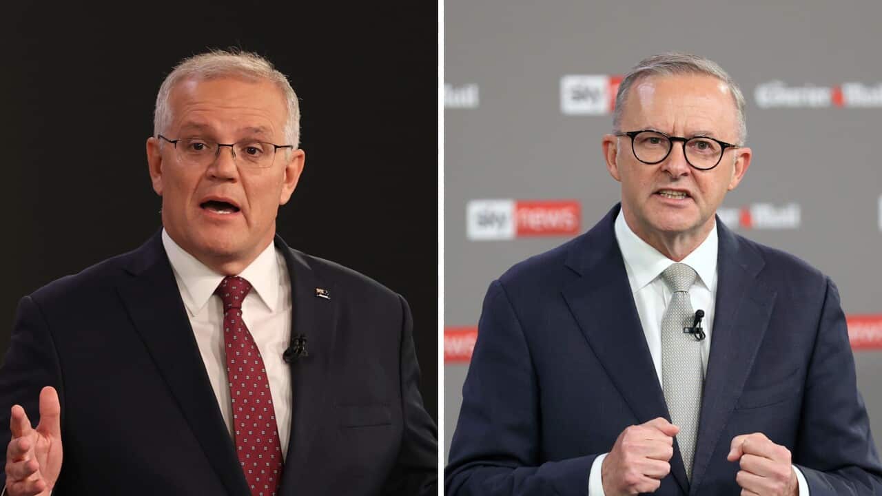 Australian Prime Minister Scott Morrison and (right) Australian Opposition Leader Anthony Albanese.