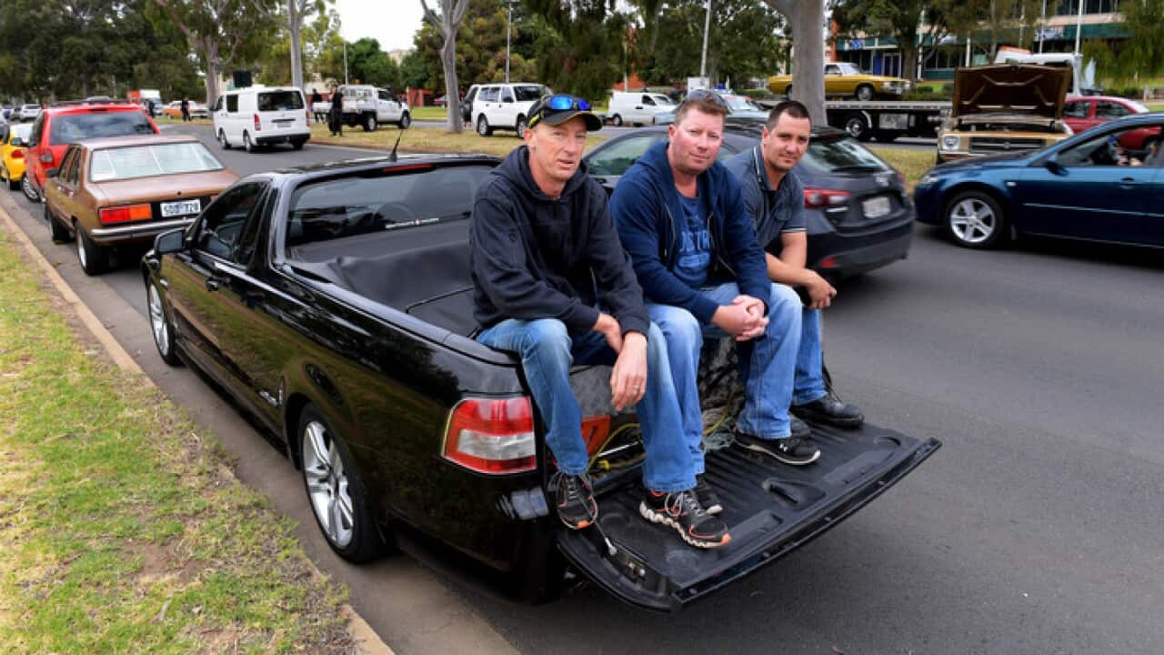 Ex-Holden car workers outside the Holden plant in Elizabeth, Adelaide, Fri October 20th, 2017