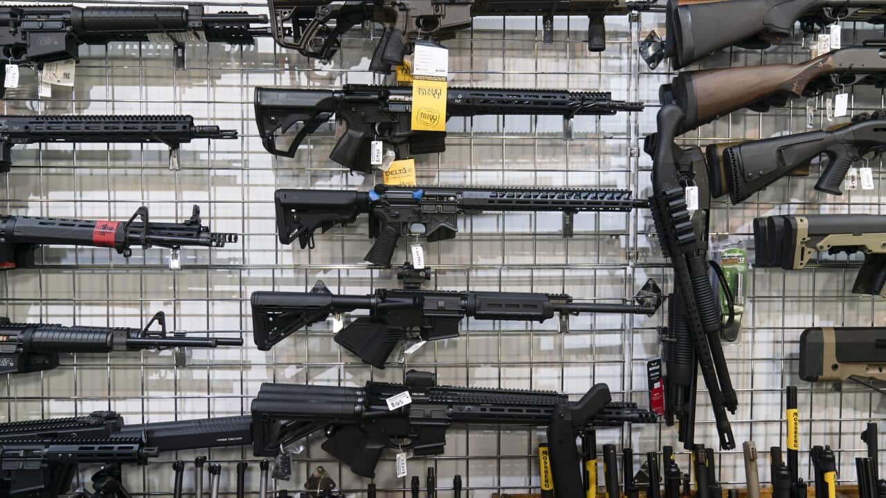 AR-15-style rifles are on display at a gun store in California