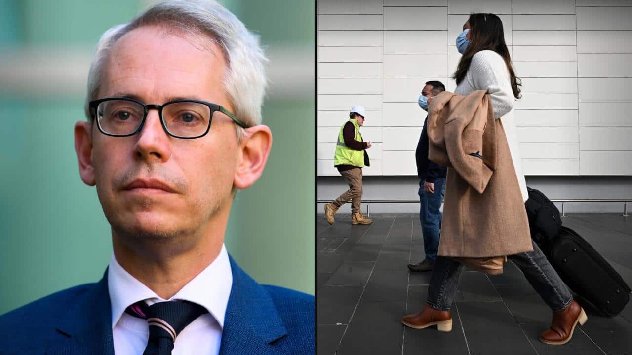A split image showing Immigration Minister Andrew Giles on the left, and people at Melbourne Airport on the right.