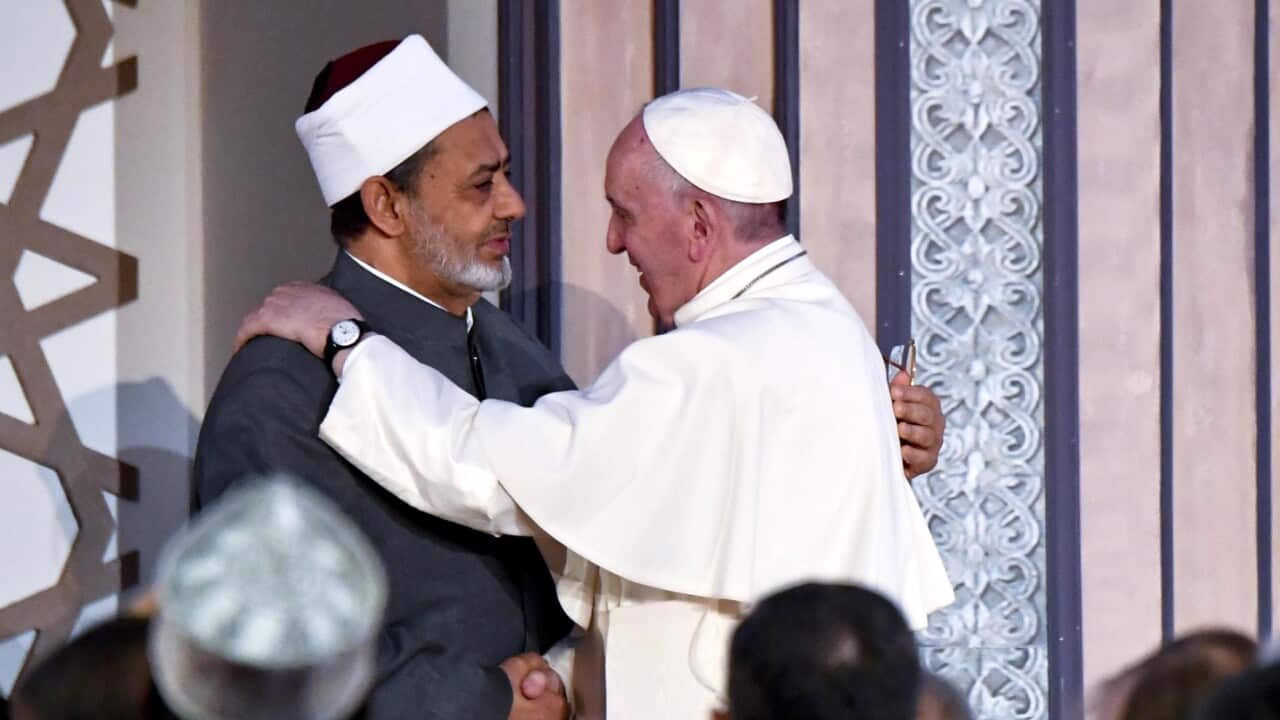 Pope Francis attends al-Azhar international peace conference with Sheikh Ahmed al-Tayeb, Egyptian Grand Imam of al-Azhar Mosque