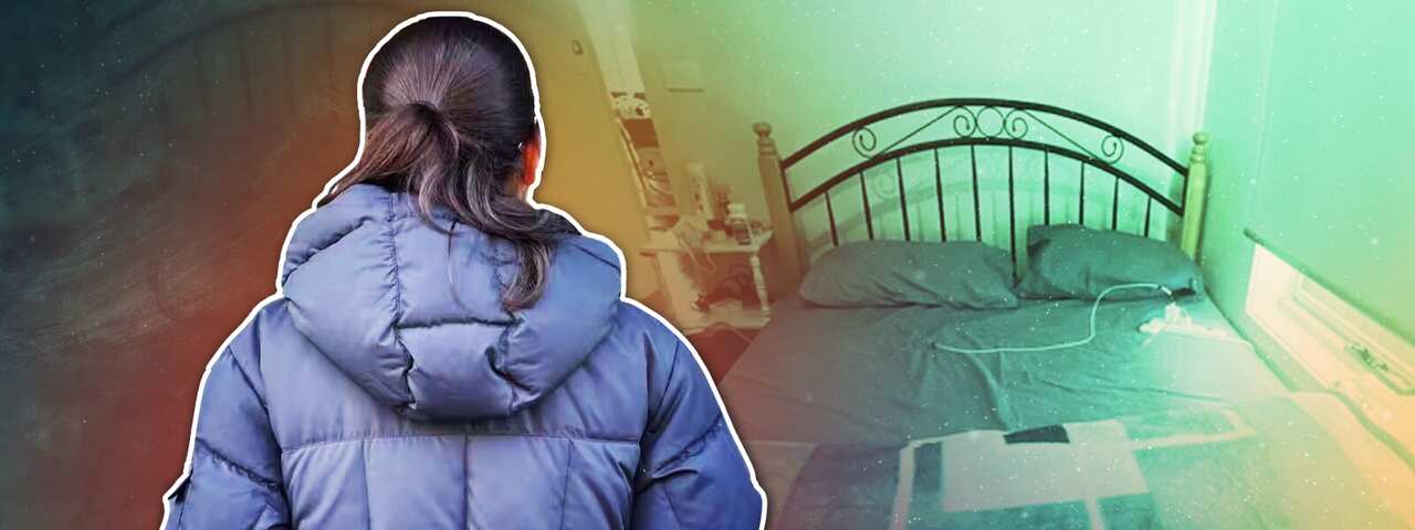 A composite image of the back of a woman in a coat and a bed