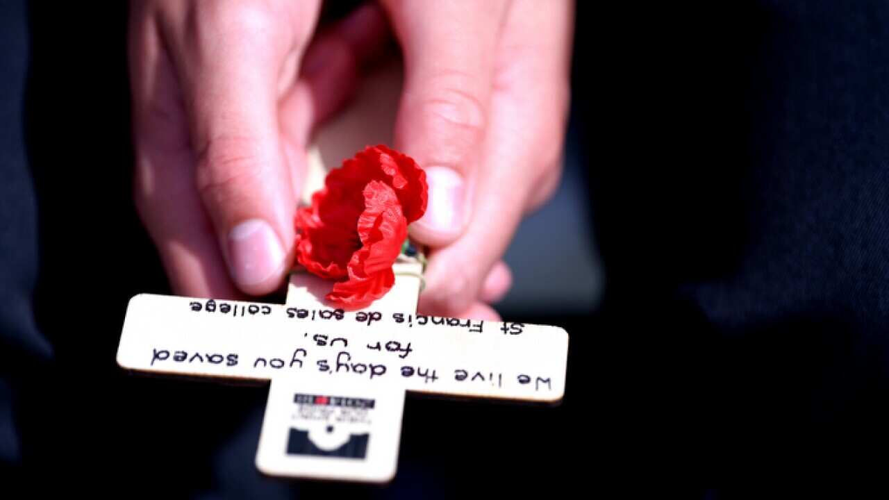 A boy holds a cross and a poppy in hands during a Remembrance Day ceremony