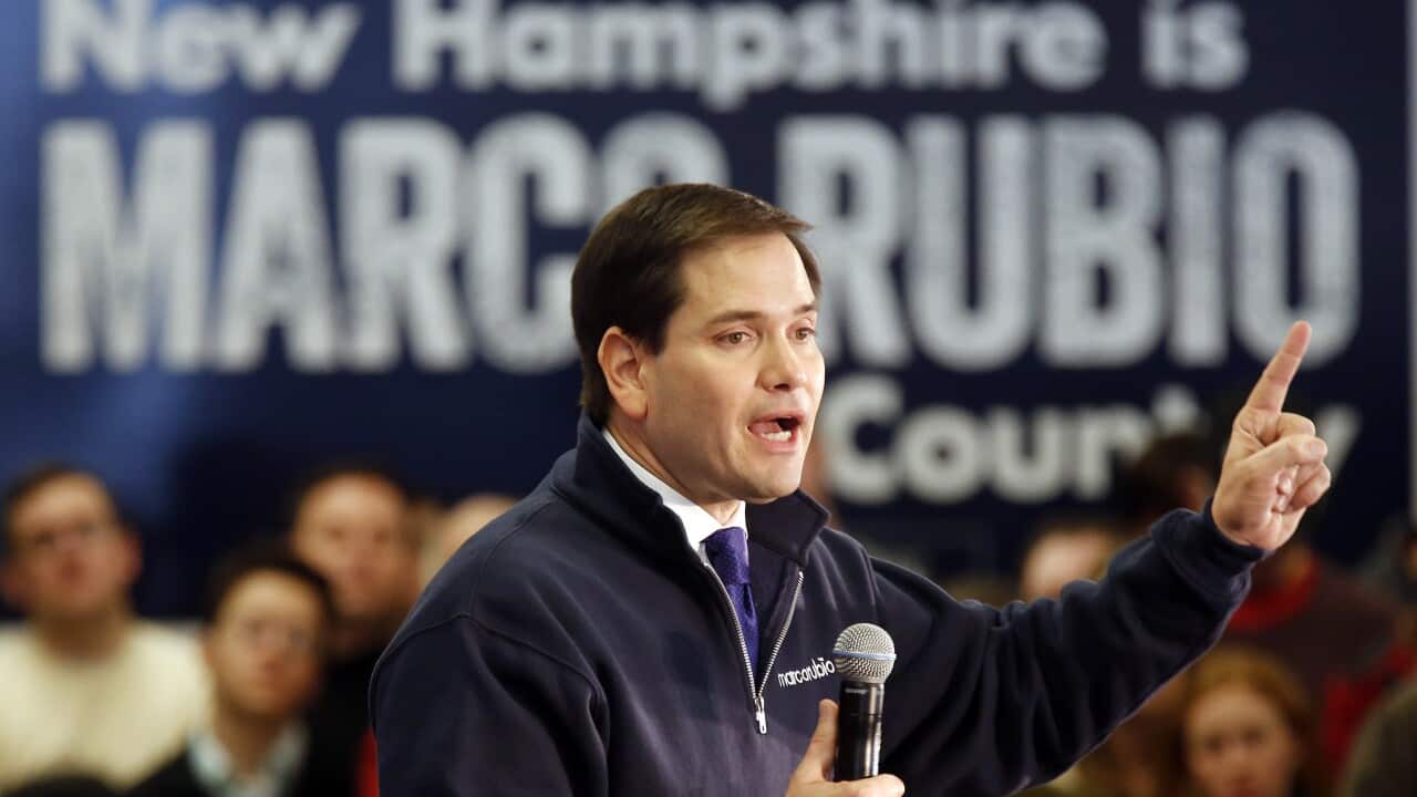 Republican presidential candidate Sen. Marco Rubio, R-Fla., speaks during a campaign stop at a high school cafeteria, Sunday, Feb. 7, 2016, in Londonderry, N.H. (AP Photo/Jim Cole)