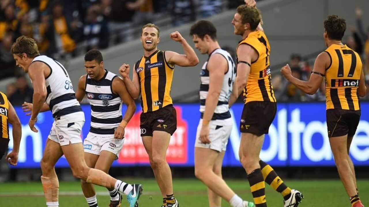 Tom Mitchell of the Hawks reacts after the final siren.