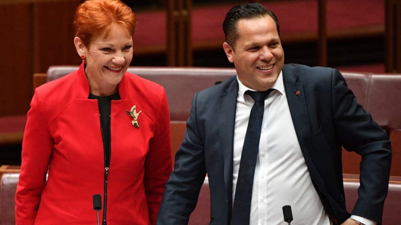 Maseneta wa chama cha One Nation Pauline Hanson na Peter Georgiou bungeni baada ya kura ya kodi ya mapato mjini Canberra, Australia