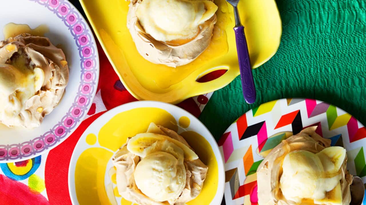 Banana ice-cream with muscovado meringues and rum sauce