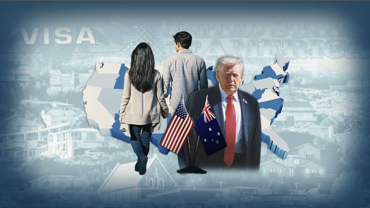 Graphic art of cut-out pictures of Donald Trump, facing forward, and rear view of a couple hand in hand, superimposed on a map of the United States and an aerial view of houses.