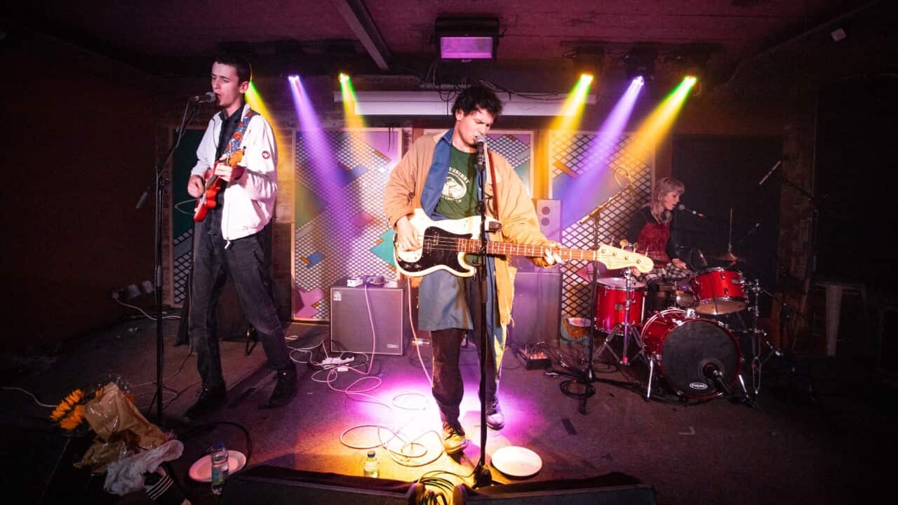 Louis Forster, James Harrison and Ryley Jones of The Goon Sax perform at Headrow House on September 18, 2018 in Leeds, England.