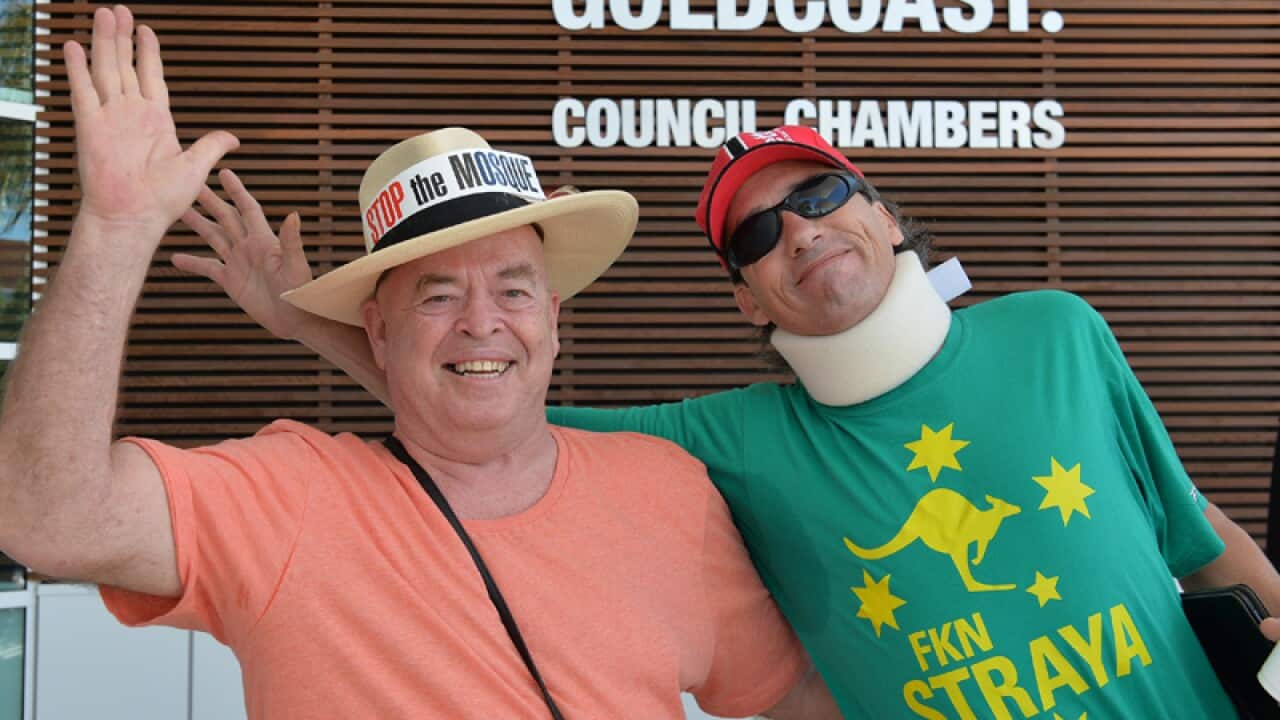 Protesters against a Gold Coast mosque outside the Gold Coast chambers