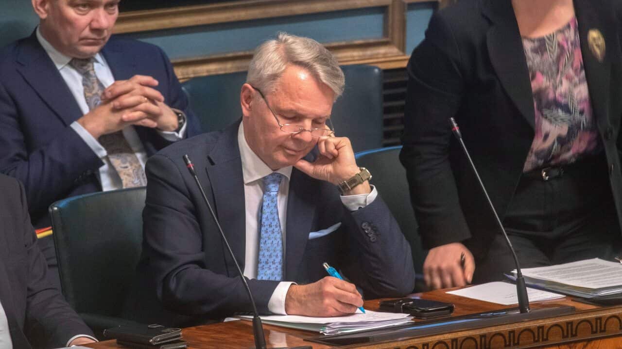 Finnish Foreign Minister Pekka Haavisto (C) at a session on NATO membership at the Parliament in Helsinki Finland, 12 May 2022. EPA/MAURI RATILAINEN