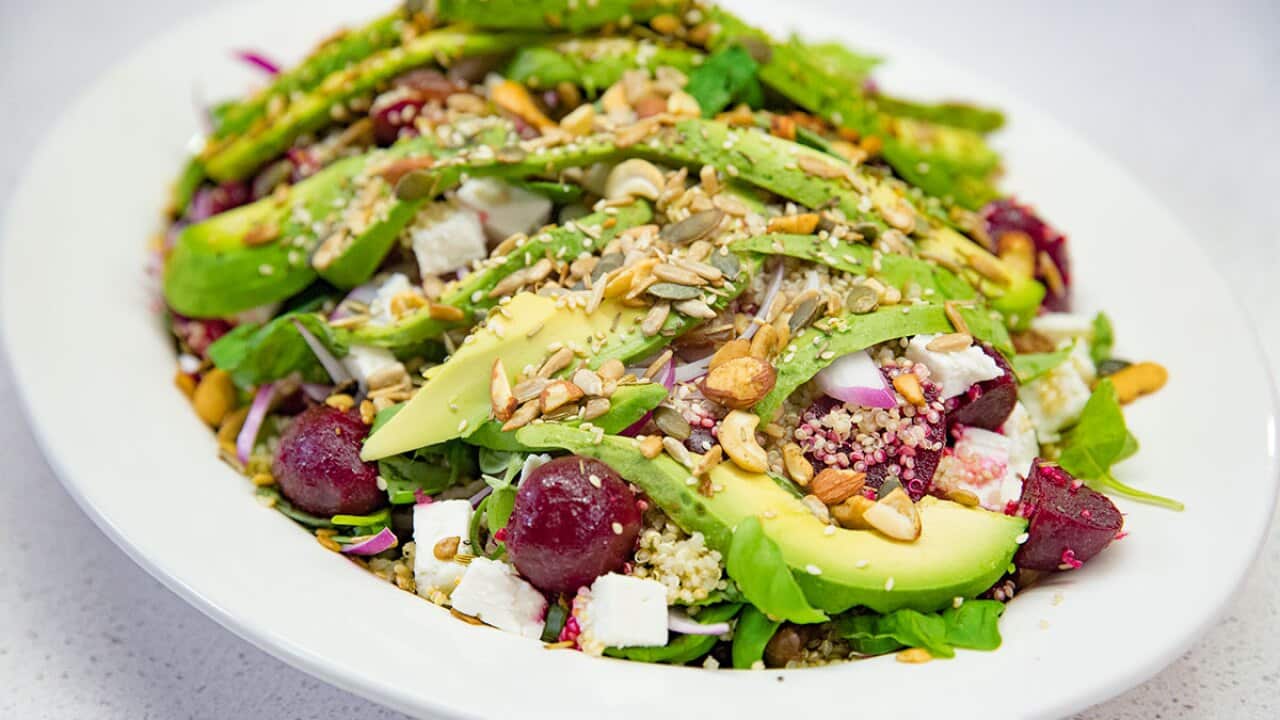 Beetroot, seeds and avocado quinoa salad