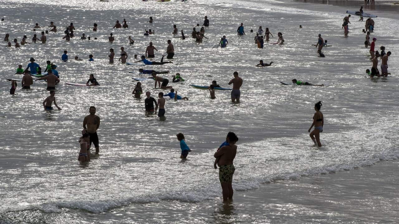 People enjoy a late afternoon swim at Sydney's Bondi Beach in Sydney, Australia, Monday, Nov. 16, 2020. Sydney and parts of NSW are melting under hot weather Monday, with the mercury reaching 40 degrees Celsius in the west. (AP Photo/Mark Baker)