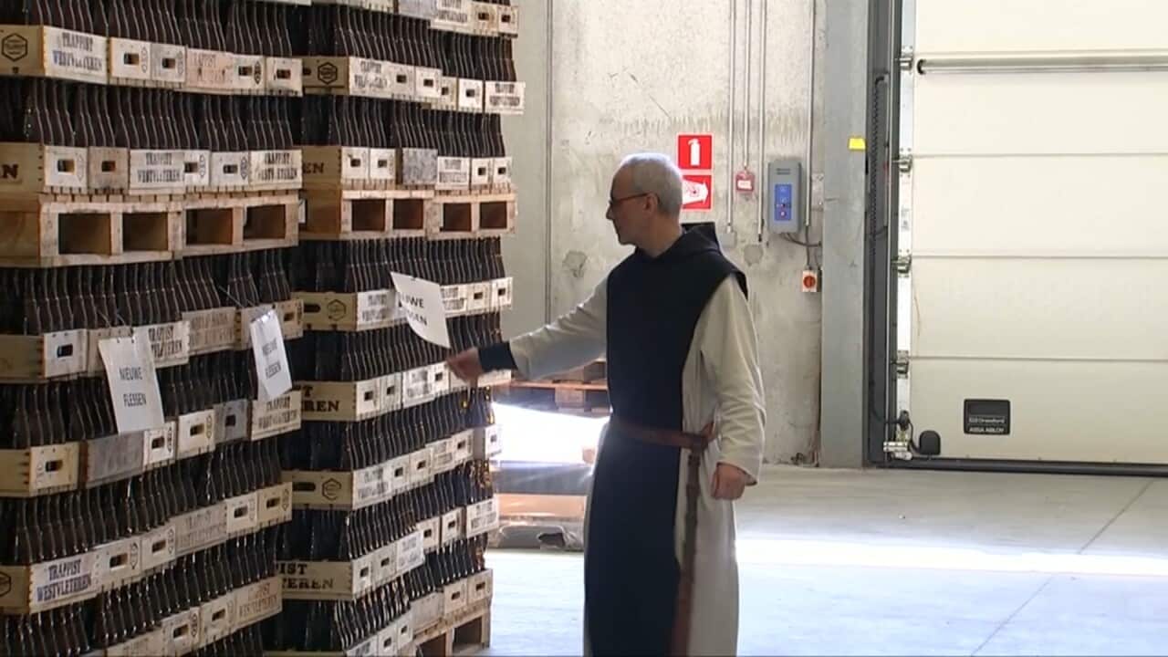 Brother Godfried inspecting empty beer bottles in Westvleteren abbey