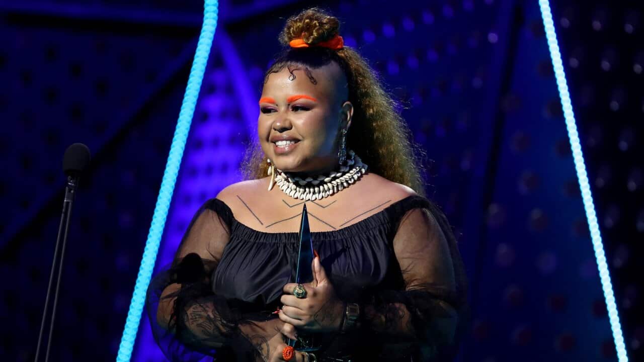Kaiit accepts the ARIA Award for Best Soul/R&B Release during the 33rd Annual ARIA Music Awards at The Star in Sydney, Wednesday, November 27, 2019. (AAP Image/Brendon Thorne) NO ARCHIVING
