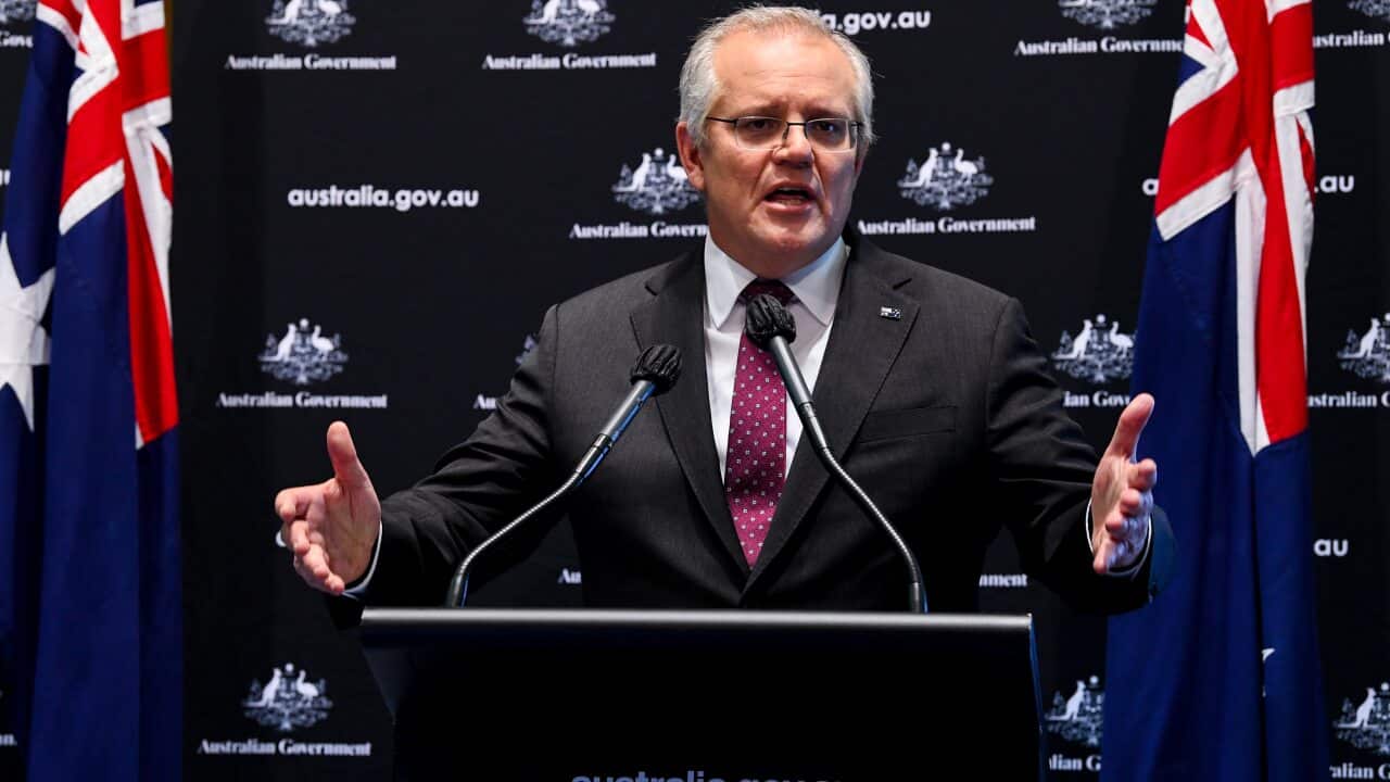 Prime Minister Scott Morrison speaks to the media during a press conference at Parliament House in Canberra.