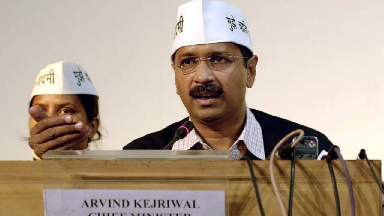 India's anti-graft campaigner Arvind Kejriwal, leader of Aam Aadmi Party addresses the media, 28 December 2013.