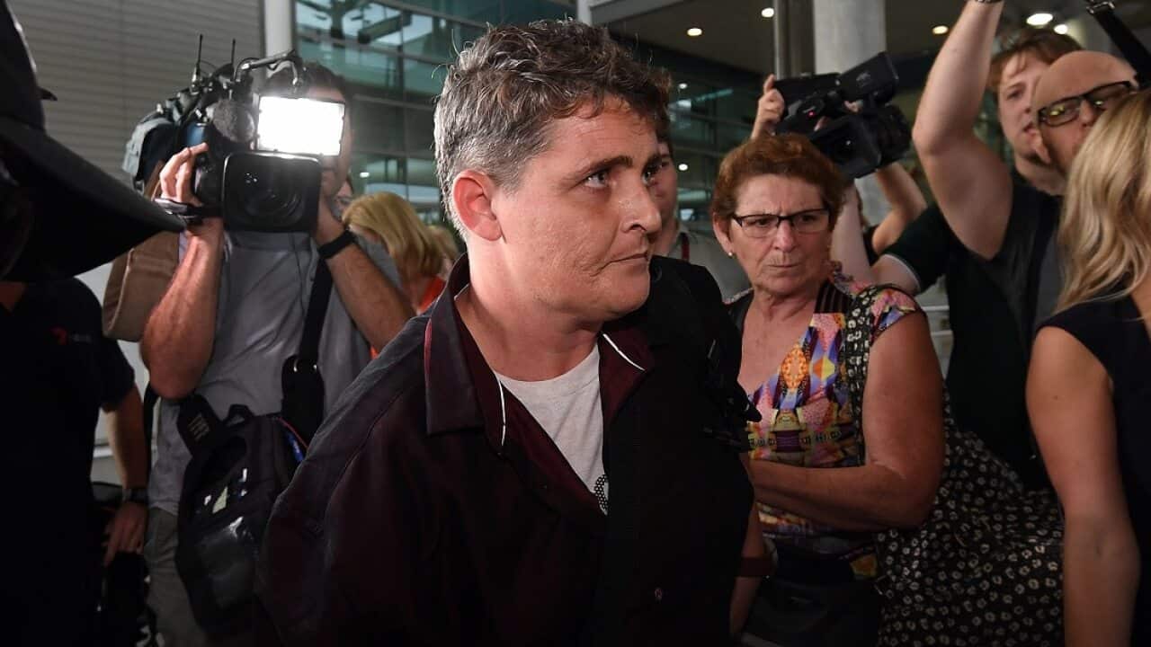 Bali Nine drug smuggler Renae Lawrence, accompanied by her mother Beverley Waterman arrives at Brisbane airport.