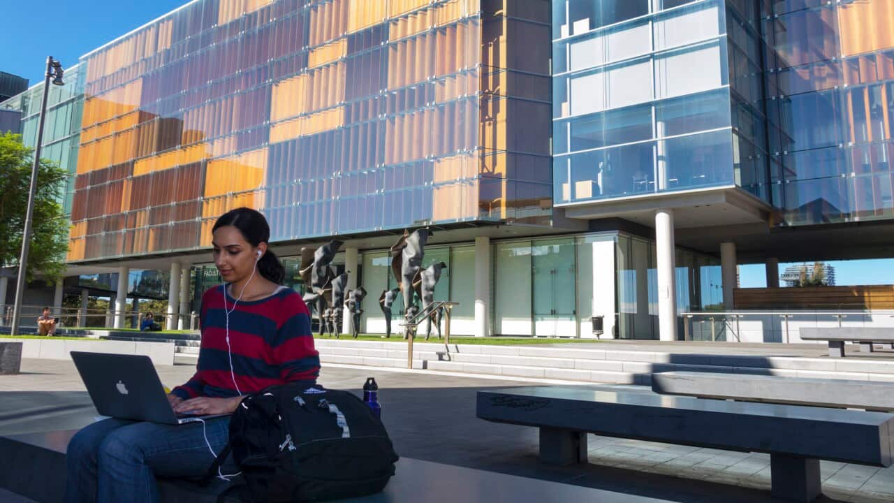 Australia, Sydney, University of Sydney campus student Apple notebook New Law Building