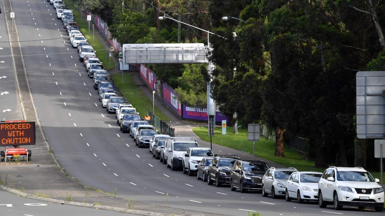 Members of the public queue in their cars for Covid19 PCR tests at a clinic at North Ryde in Sydney.