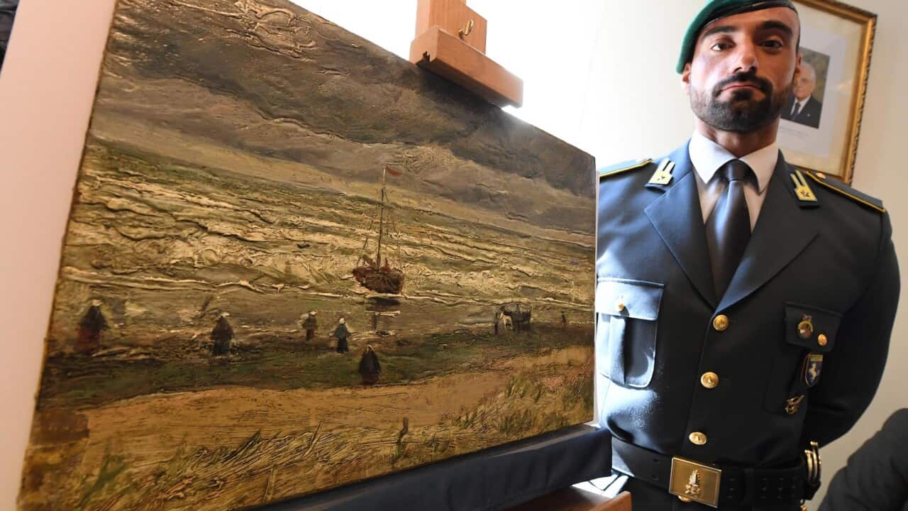 The painting 'The Beach At Scheveningen During A Storm' by Vincent Van Gogh is presented during an Italian investigators.