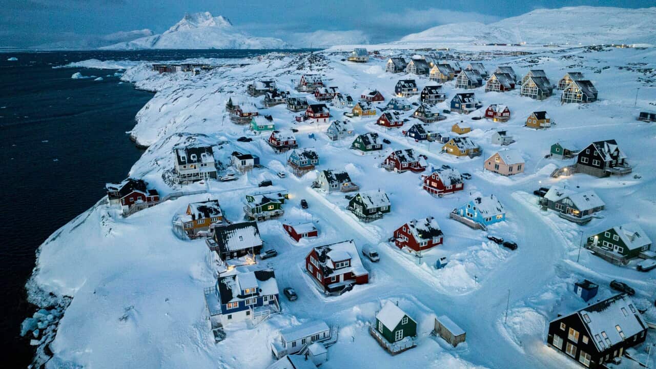 Houses covered by snow on the coast of a sea inlet in Greenland