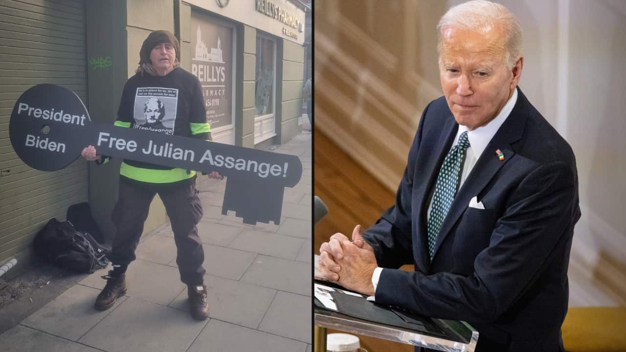 A split image. On the left is a man holding a large key-shaped placard that reads "President Biden, Free Julian Assange!". On the right is US President Joe Biden standing at a lectern.
