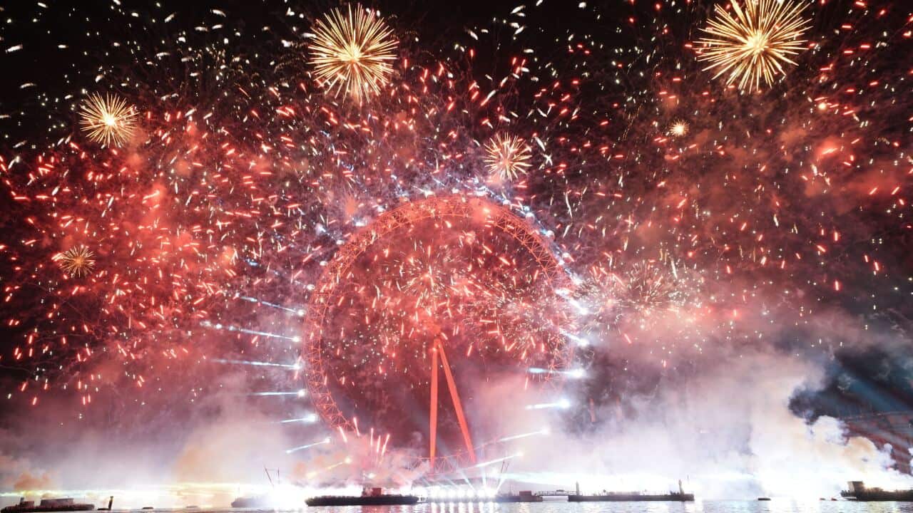 Fireworks exploding over the London Eye