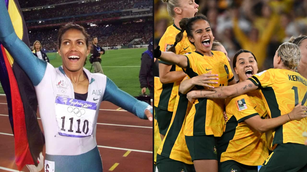 A split image. On the left is a photo of Cathy Freeman after winning the 400 metre race at the 2000 Olympic Games in Sydney. On the right is a photo of Matildas players embracing and cheering.