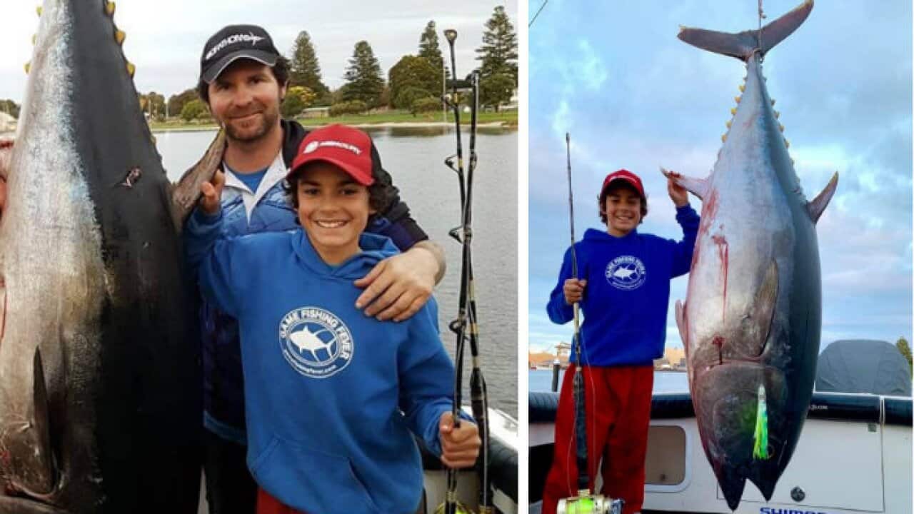 Daniel Lazarevski with his 150 kg tuna catch and Dad Nick
