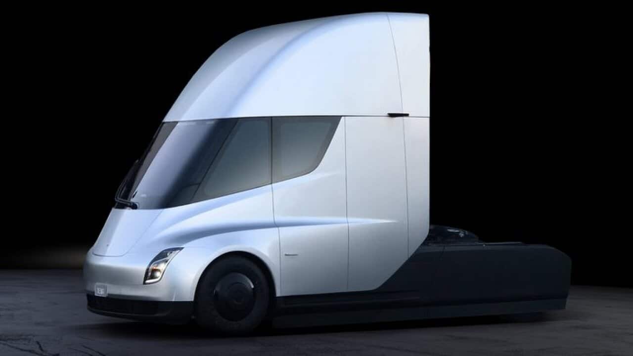 A handout photo made available by Tesla 16 November 2017, showing an artists' view of the front of its new prototype electric truck called Tesla Semi