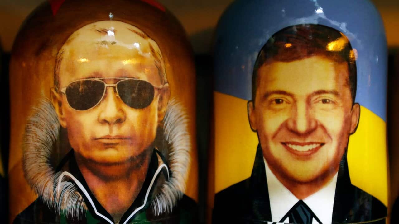 Matryoshka dolls depicting Vladimir Putin and Volodymyr Zelensky