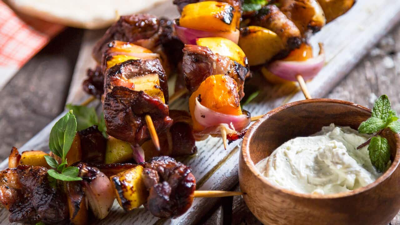 Venison skewers with red onion, roasted butternut and whipped feta