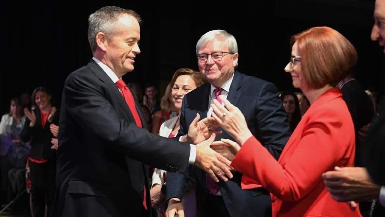 Bill Shorten welcomes ex-Prime Ministers Rudd, Gillard and Keating.