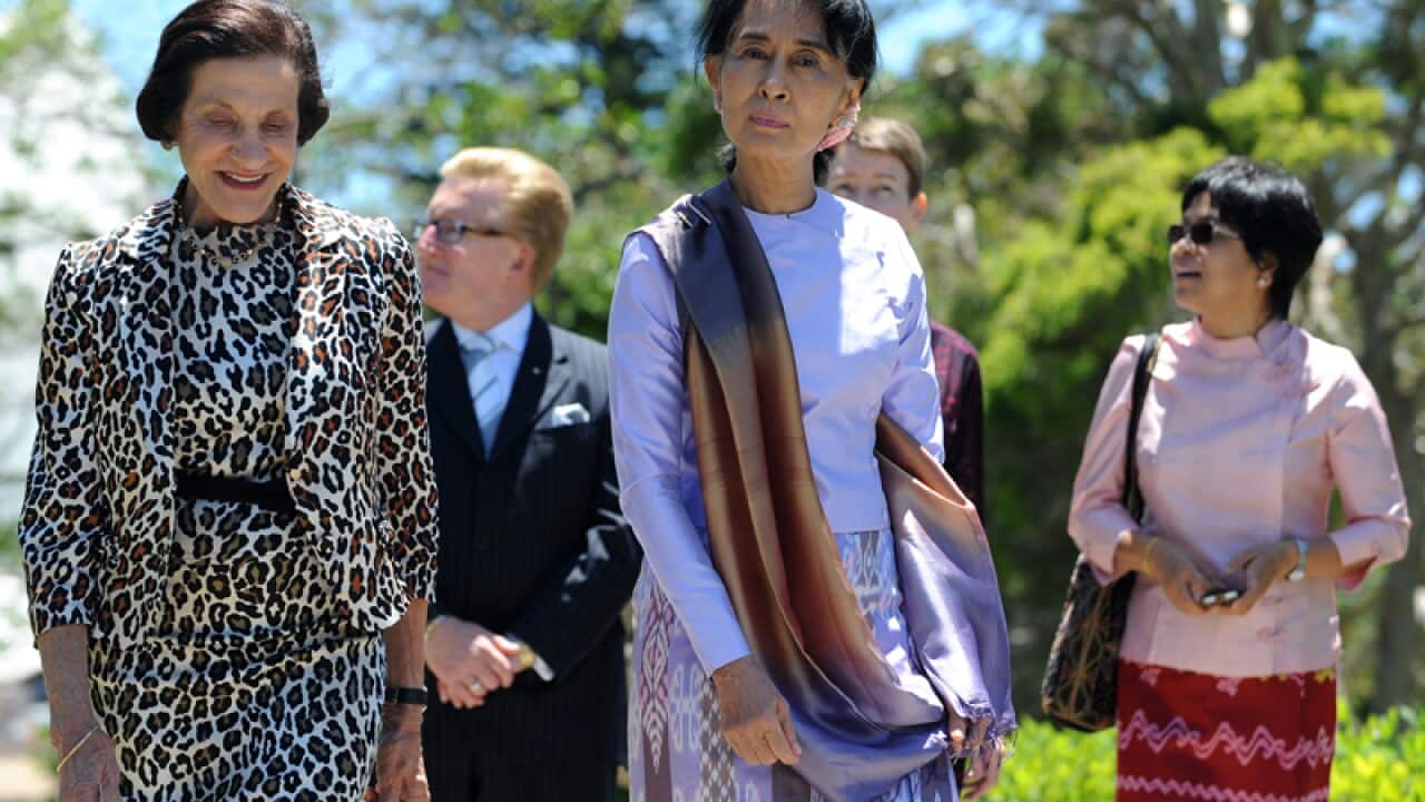 Aung San Suu Kyi on a tour of the NSW Government House gardens