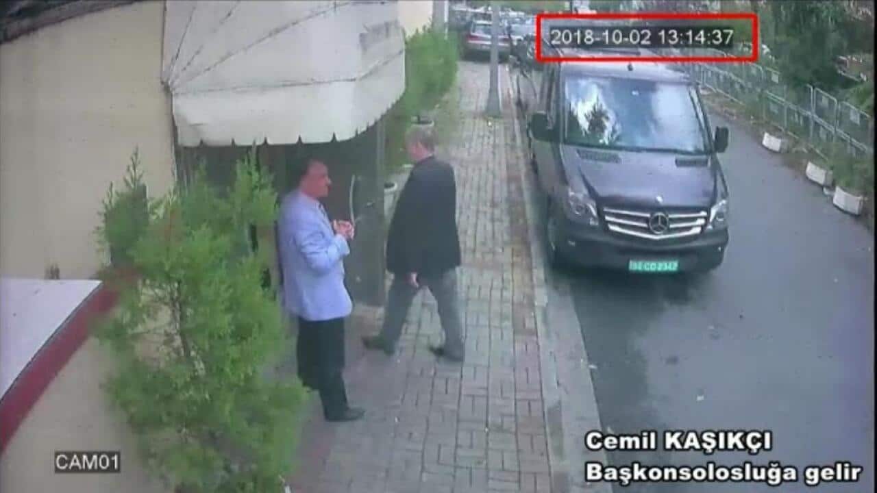 A still image from a security cam claims to show Jamal Khashoggi arriving at Saudi Arabia’s consulate in Istanbul. Photo by Depo Photos/ABACAPRESS.COM.