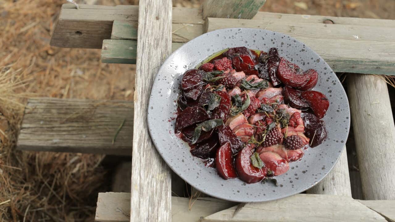 Pan-roasted hare with glazed beetroots and tayberries